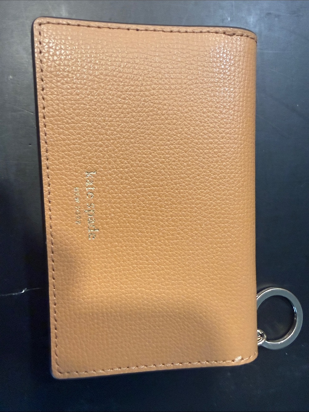 kate spade Tan Pebbled Leather Card & Key Holder with Gold Ring